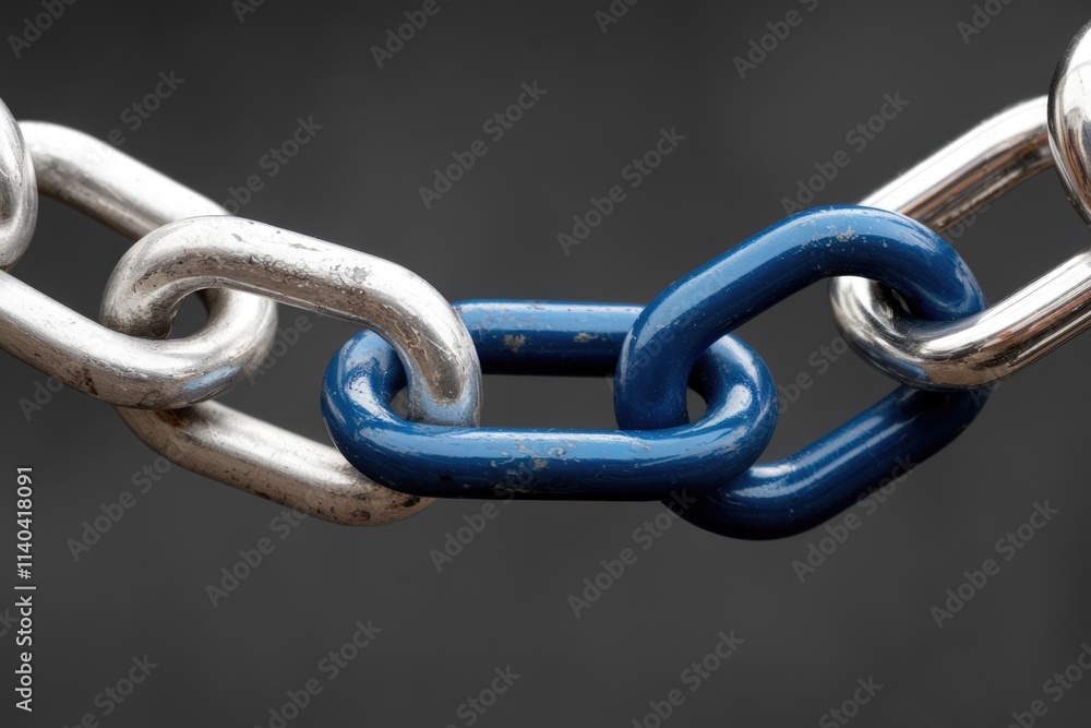 Interlinked metal chain silver and blue links signifying connection and strength. Interlinked metal chain silver and blue links signifying connection and strength.