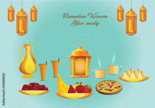 Luxury Iftar, ramadan food and drinks eating set, Eid mubarak, Ramazan Kareem decoration flat Vector illustration