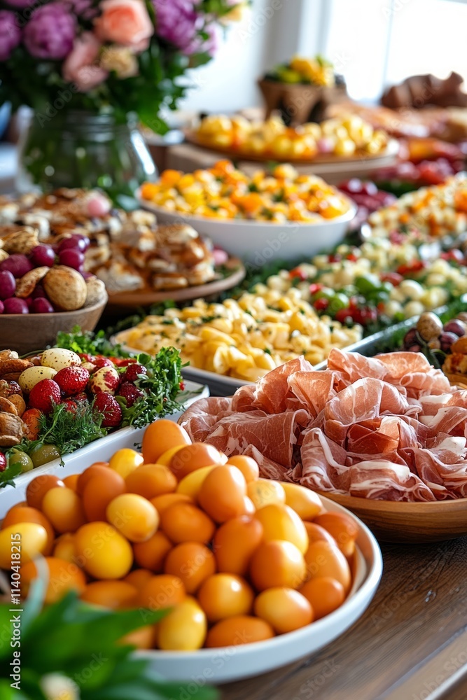A lavish buffet features an array of fresh fruits, cured meats, and artisanal dishes, set in a bright, airy room filled with floral arrangements A lavish buffet features an array of fresh fruits, cured meats, and artisanal dishes, set in a bright, airy room filled with floral arrangements