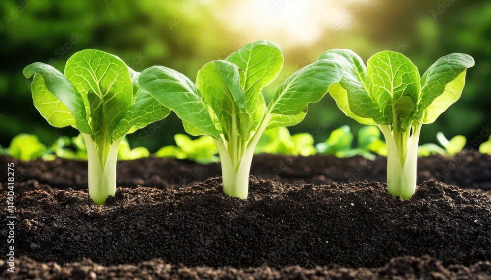 Fresh green lettuce seedlings growing in rich soil under sunlight. Fresh green lettuce seedlings growing in rich soil under sunlight.