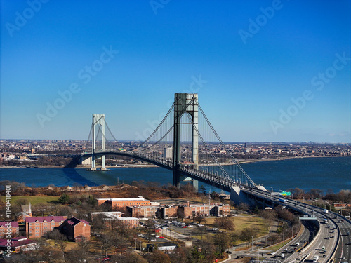 Wide shot of the Verazanno-Narrows Bridge from Staten Island to NYC
