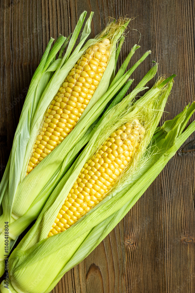 Two fresh yellow corns on the cob, top view. Vegetable background Two fresh yellow corns on the cob, top view. Vegetable background