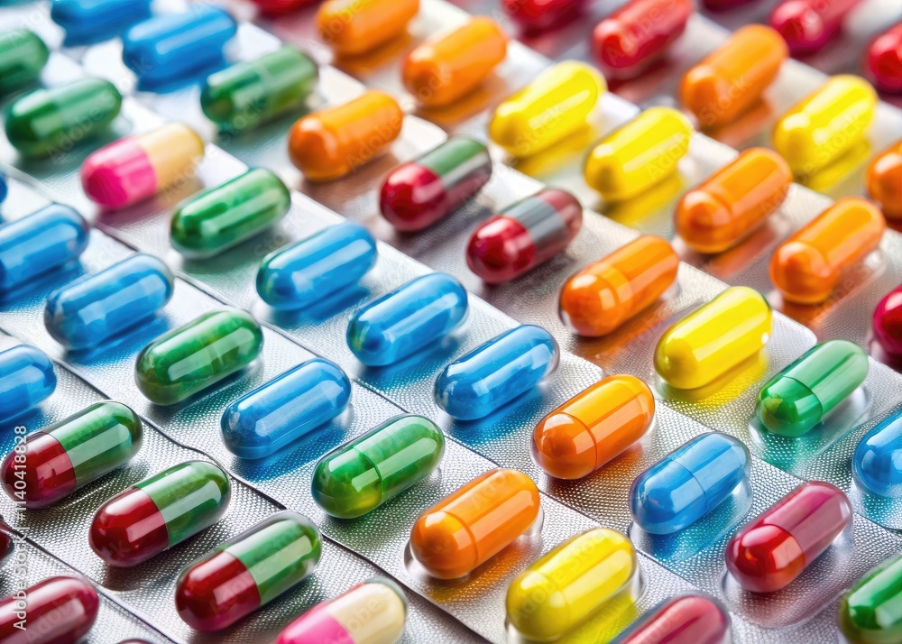 Colorful medication tablets, neatly arranged in a pharmacy blister pack. Healthcare closeup. Colorful medication tablets, neatly arranged in a pharmacy blister pack. Healthcare closeup.