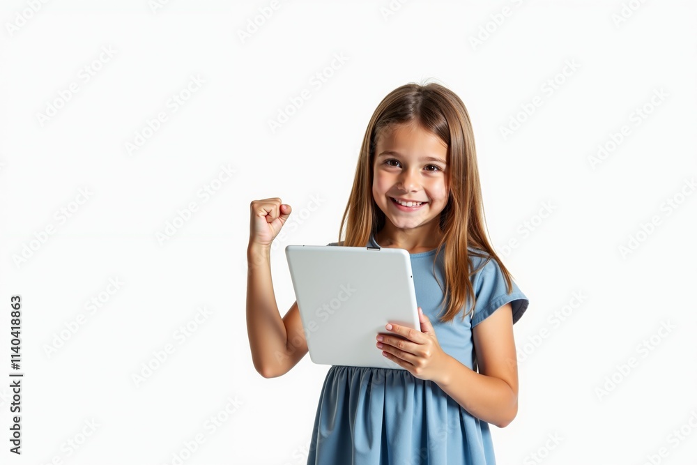 young girl with light brown hair, smiling widely. holding a tablet with hand. She has her right arm raised young girl with light brown hair, smiling widely. holding a tablet with hand. She has her right arm raised