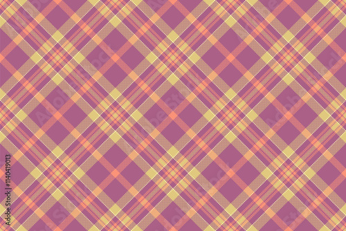 Stitched vector background pattern, duvet fabric texture plaid. Dress tartan seamless textile check in pink and yellow colors.