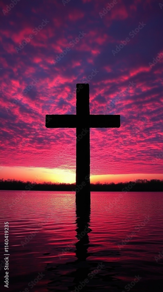 A striking cross stands silhouetted against a colorful sunset where hues of pink, purple, and orange merge on the horizon, creating a serene atmosphere A striking cross stands silhouetted against a colorful sunset where hues of pink, purple, and orange merge on the horizon, creating a serene atmosphere