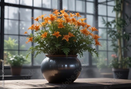 Cercestis mirabilis plant in a glasshouse pot with a delicate mist effect , cercestis, nature photo