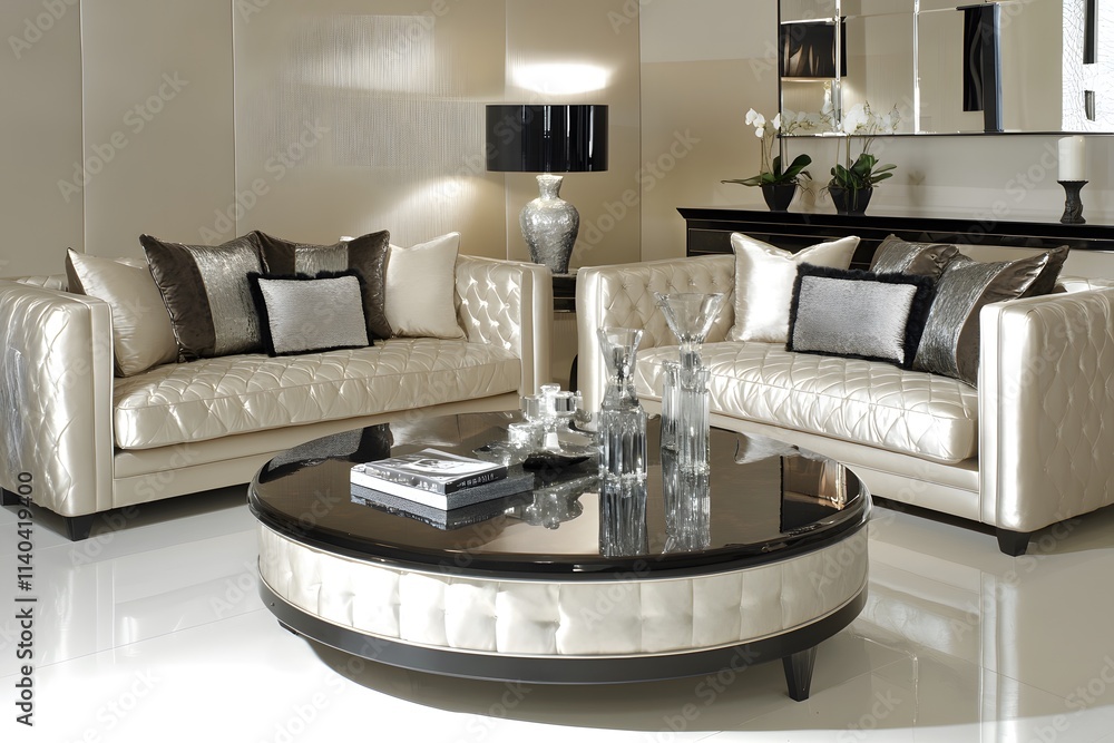 Fototapeta premium Elegant living room with plush sofas and a stylish coffee table, designed for comfort and aesthetics.