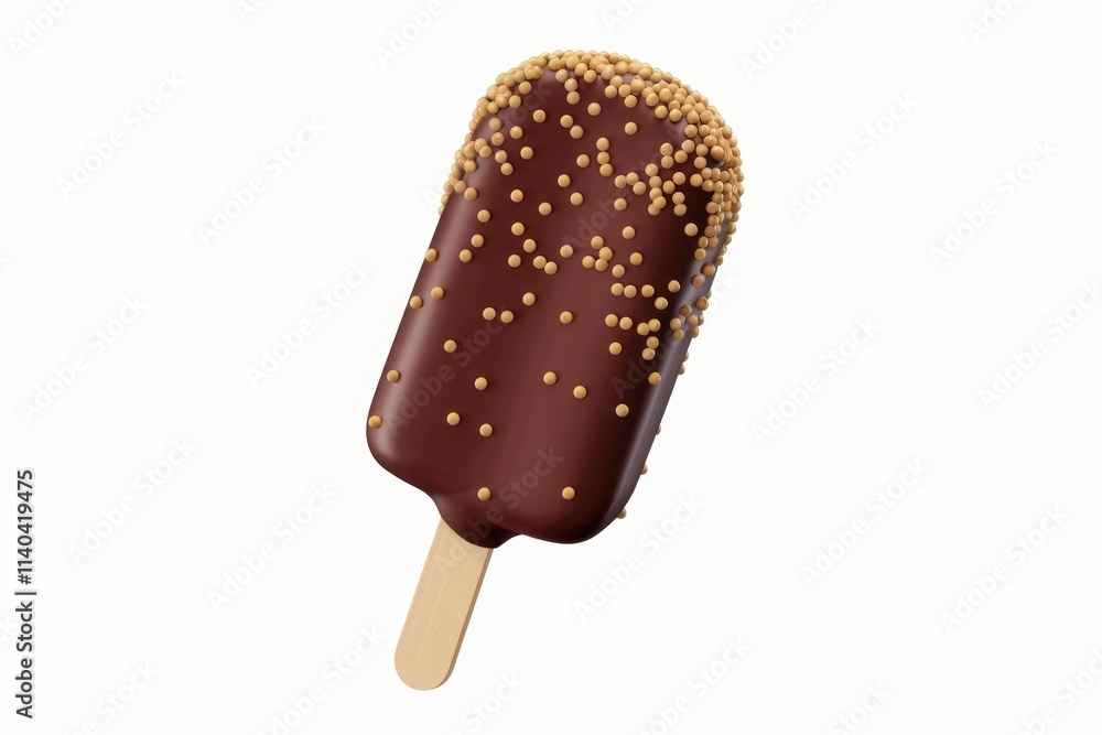 Chocolate ice cream bar covered in small round light brown sprinkles on a wooden stick. Chocolate ice cream bar covered in small round light brown sprinkles on a wooden stick.
