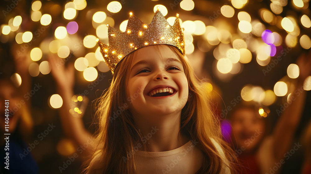 A Radiant Young Girl in a Grand Celebration with Oversized Crown and Magical Twinkling Lights A Radiant Young Girl in a Grand Celebration with Oversized Crown and Magical Twinkling Lights