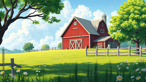 Farm cartoon style illustration background with barn and green nature