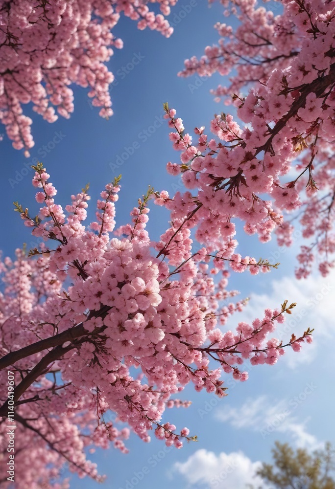 Cherry tree in full bloom with branches stretching towards the sky and leaves, natural, landscape Cherry tree in full bloom with branches stretching towards the sky and leaves, natural, landscape