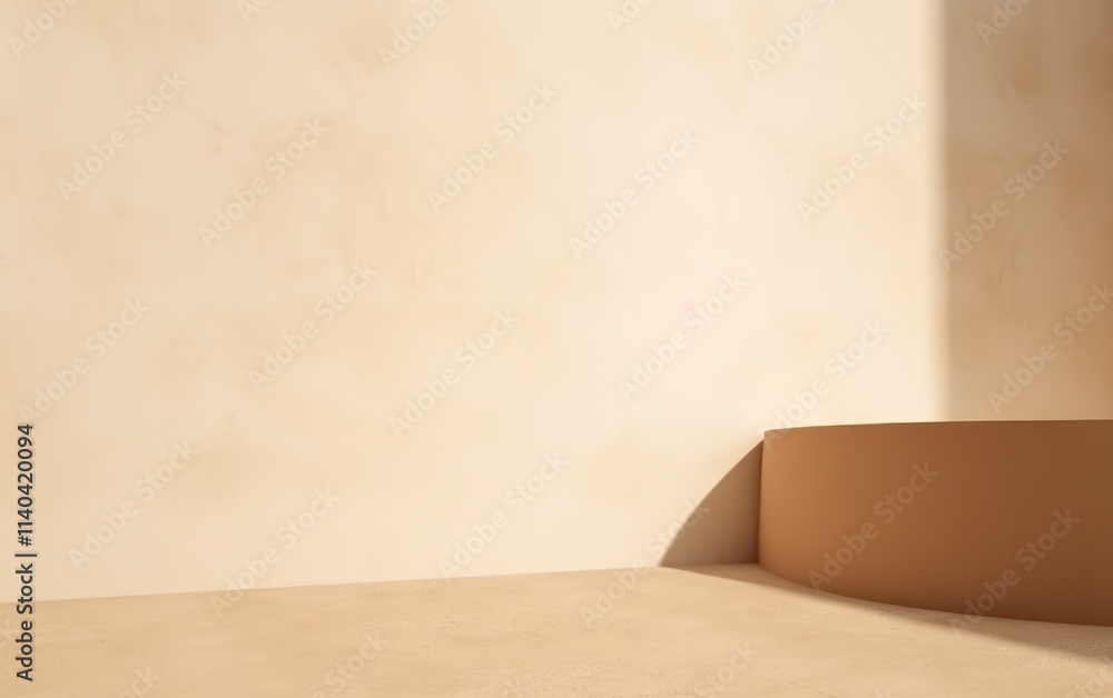 A minimalist interior scene featuring a textured beige wall and a simple brown platform, showcasing a serene and modern aesthetic. A minimalist interior scene featuring a textured beige wall and a simple brown platform, showcasing a serene and modern aesthetic.