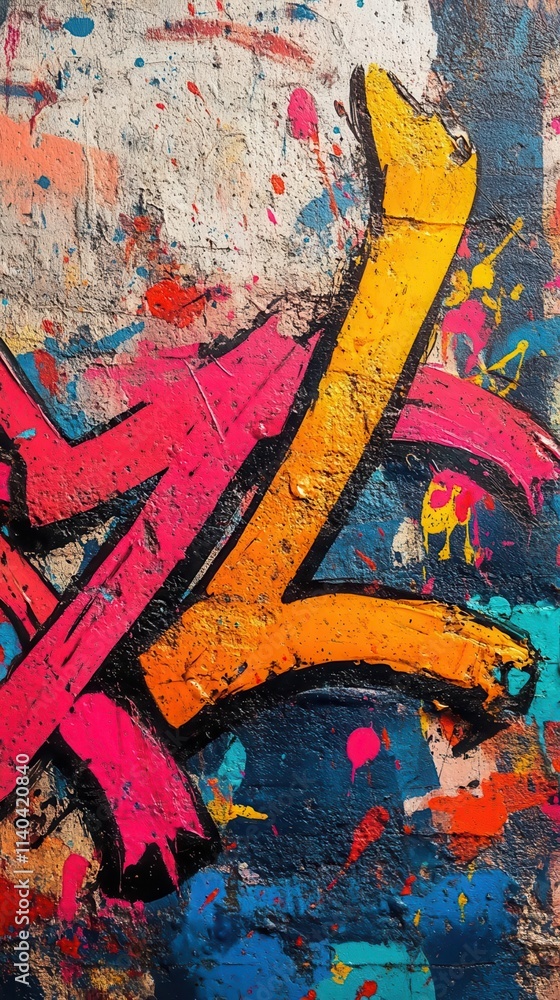 Fototapeta premium Vibrant cursive strokes layered over splattered paint textures, artistic expression, raw and dynamic