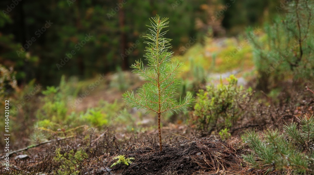 A small evergreen sapling stands alone amidst lush green undergrowth in a serene forest setting. A small evergreen sapling stands alone amidst lush green undergrowth in a serene forest setting.