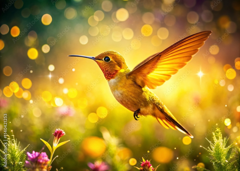 Fototapeta premium Golden Yellow Hummingbird Tilt-Shift Miniature Photography, Tiny Bird, Miniature World, Macro Photography, Close Up, Nature Photography, Wildlife Photography