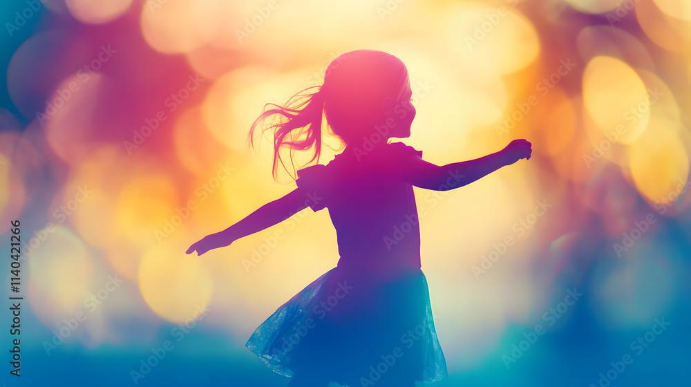 A Dynamic Silhouette of a Kid Captured in Mid-Action, Surrounded by a Soft and Colorful Bokeh Backdrop that Inspires Imagination and Joy in Childhood Adventures A Dynamic Silhouette of a Kid Captured in Mid-Action, Surrounded by a Soft and Colorful Bokeh Backdrop that Inspires Imagination and Joy in Childhood Adventures