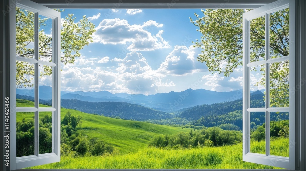 Fototapeta premium A scenic view of lush green hills and mountains framed by an open window, showcasing a bright, sunny sky with fluffy clouds.