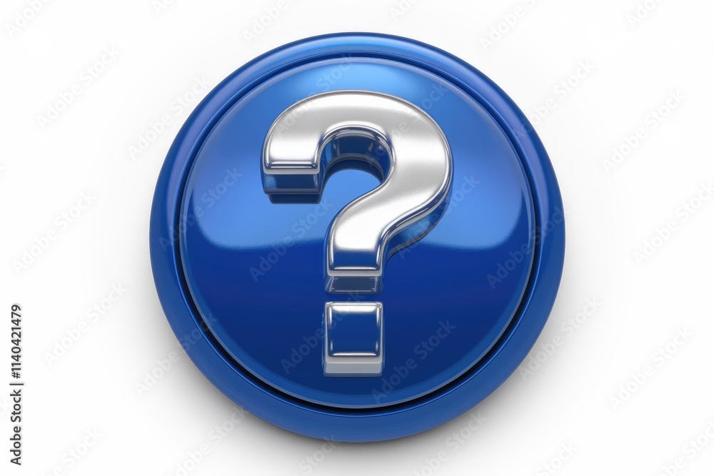 A shiny silver question mark on a glossy blue button symbolizing inquiry and help. A shiny silver question mark on a glossy blue button symbolizing inquiry and help.