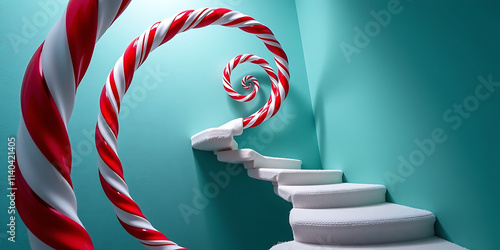 Wallpaper Mural Candy Cane Spiral Staircase - A swirling staircase leading to the North Pole. backdrop background digital art crisp oilpinting minimalist sharp details funny background copyspace Torontodigital.ca