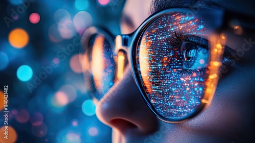 Close-up of eyes and glasses with tech reflection, cybersecurity digital concepts, AI-generated visuals showcasing data protection in technology.