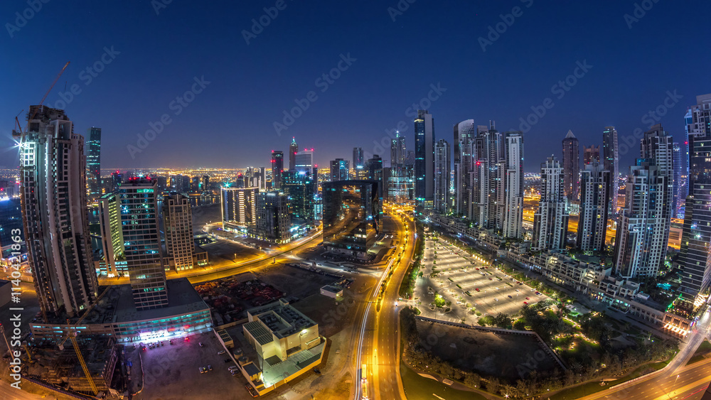 Panorama of Business bay Dubai night to day aerial timelapse. Panorama of Business bay Dubai night to day aerial timelapse.