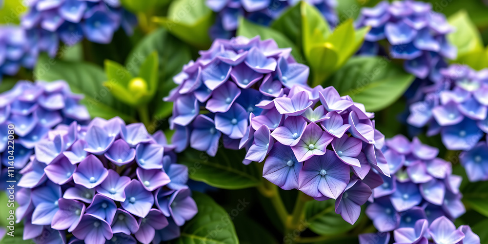 Blooming Hydrangea - A hydrangea bush in full bloom with large clusters of blue and purple flowers. backdrop background digital art crisp oilpinting minimalist sharp details funny background copyspa Blooming Hydrangea - A hydrangea bush in full bloom with large clusters of blue and purple flowers. backdrop background digital art crisp oilpinting minimalist sharp details funny background copyspa