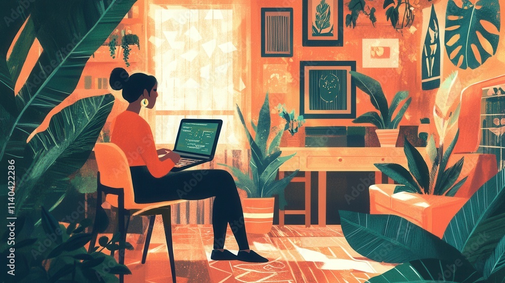 Fototapeta premium Illustration of Remote Workers Using Laptops in Modern Interior