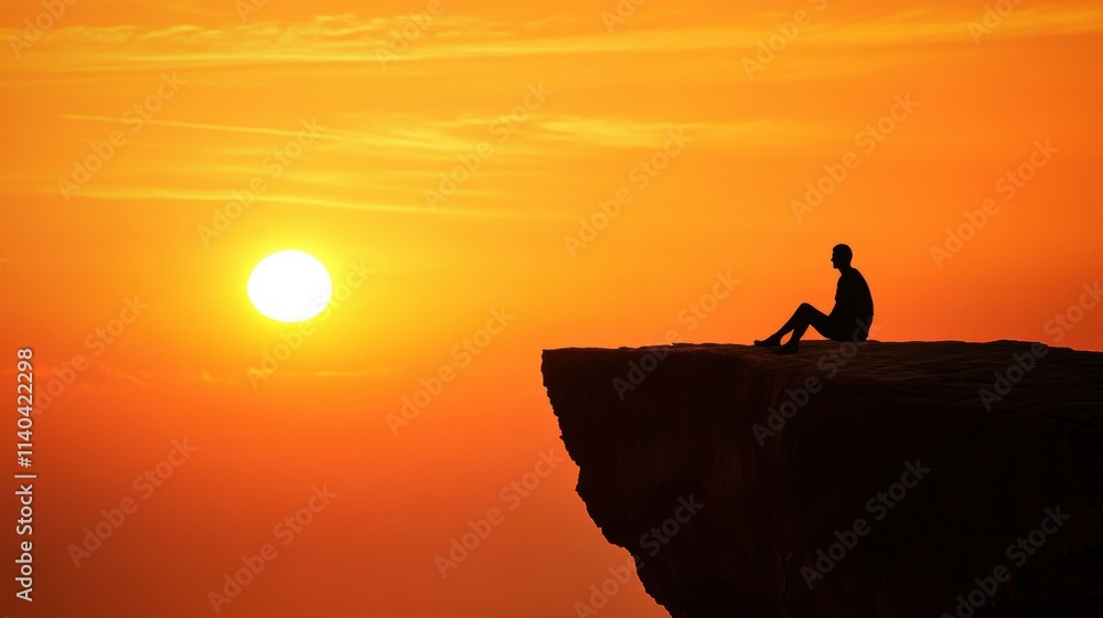 A serene sunset scene featuring a person sitting on a cliff, gazing at the vibrant colors of the sky as the sun sets on the horizon. A serene sunset scene featuring a person sitting on a cliff, gazing at the vibrant colors of the sky as the sun sets on the horizon.
