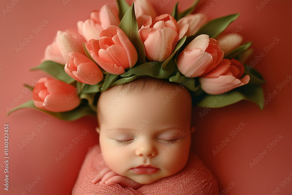 portrait baby girl with tulip flower crown sleeping peacefully on delicate coral background portrait baby girl with tulip flower crown sleeping peacefully on delicate coral background