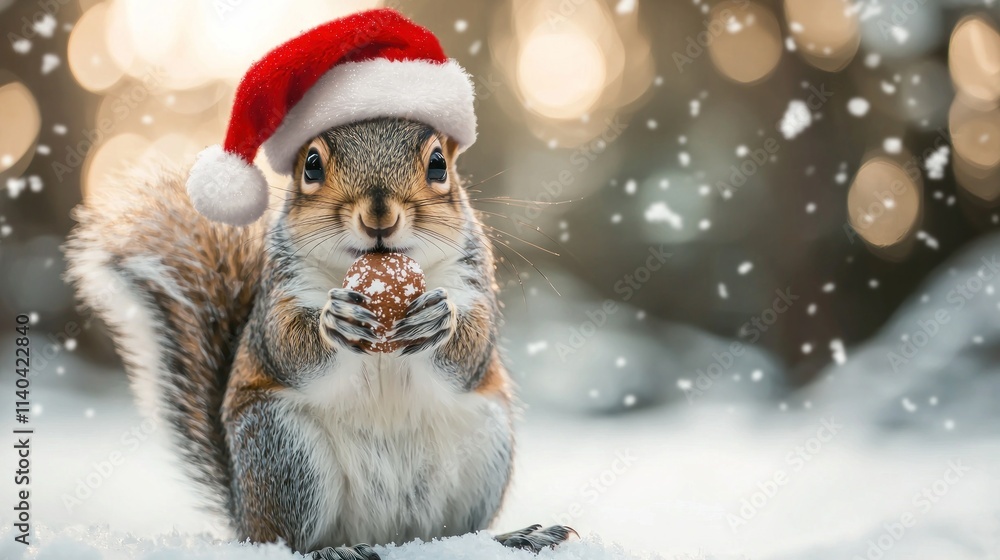 Cheerful Squirrel Wearing a Santa Hat Holding a Nut Surrounded by Gentle Snow Flurries in a Winter Wonderland Setting for Holiday Celebrations Cheerful Squirrel Wearing a Santa Hat Holding a Nut Surrounded by Gentle Snow Flurries in a Winter Wonderland Setting for Holiday Celebrations