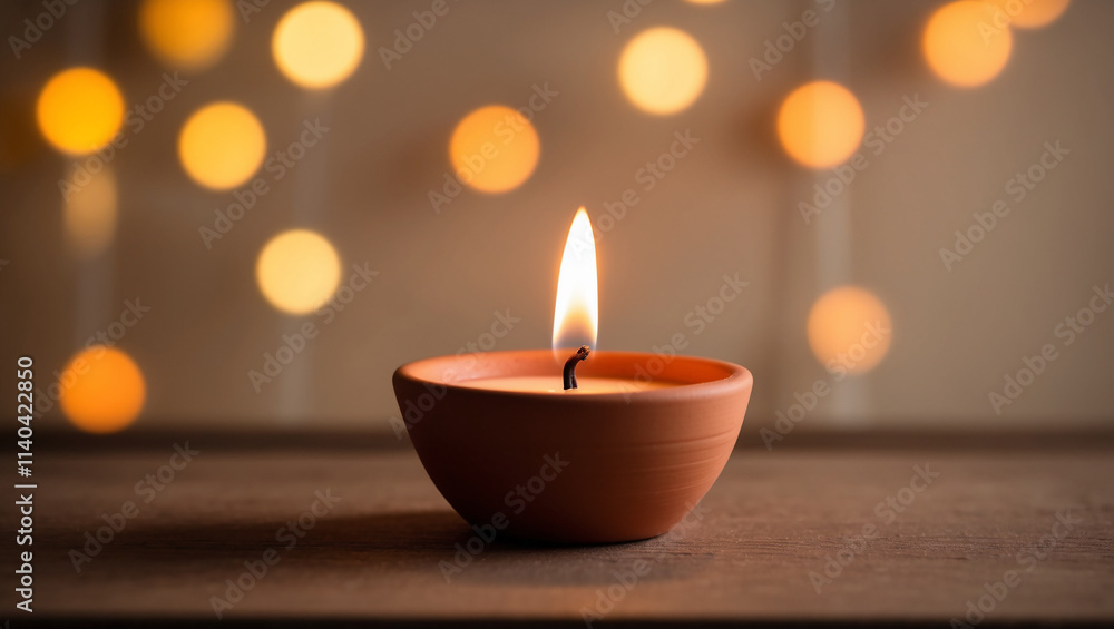 Candle in a Pot with Bokeh Lights