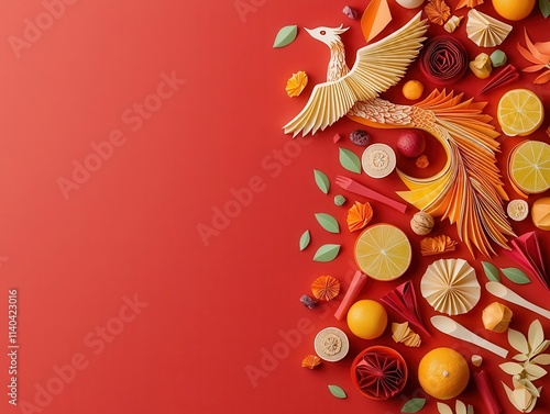 Origami dragon and phoenix entwined over a Chinese New Year feast in vibrant papercut style