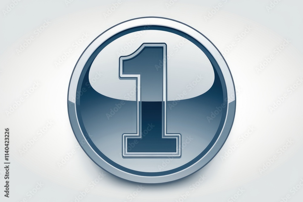 A circular button with a glossy finish displays the number one in a bold dark blue font. A circular button with a glossy finish displays the number one in a bold dark blue font.
