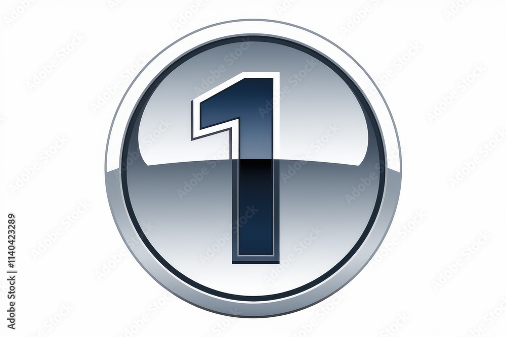 A metallic circular button displaying the number one in a dark blue three dimensional style. A metallic circular button displaying the number one in a dark blue three dimensional style.
