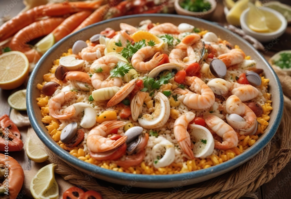 Decorado arroz con mariscos al estilo mediterr?neo, ocean-inspired decor, shell-shaped crackers Decorado arroz con mariscos al estilo mediterr?neo, ocean-inspired decor, shell-shaped crackers