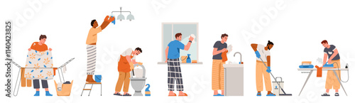 Men of different ethnicity doing house chores flat vector illustrations set isolated on white. Doing laundry, ironing, mopping, washing the toilet, windows, dishes, wiping the dust.