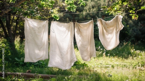 Wallpaper Mural Freshly washed linen hangs under sunlight on a clothesline surrounded by green trees and grass in a serene outdoor setting. Generative AI Torontodigital.ca
