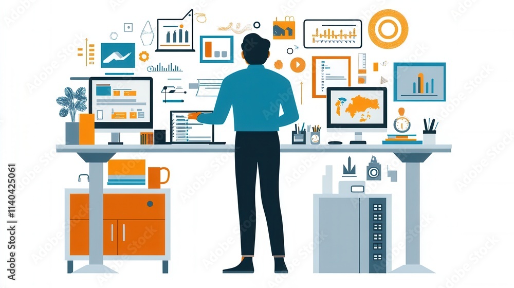 Fototapeta premium Flat Illustration of Remote Workers at Standing Desks in Office
