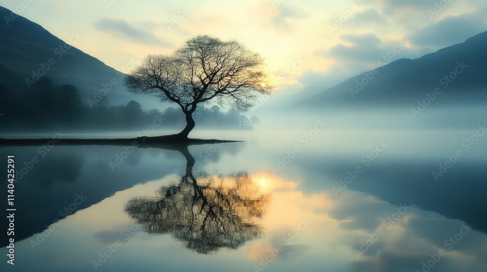 A serene landscape featuring a solitary tree by a misty lake, reflecting the soft hues of dawn against a backdrop of mountains. A serene landscape featuring a solitary tree by a misty lake, reflecting the soft hues of dawn against a backdrop of mountains.
