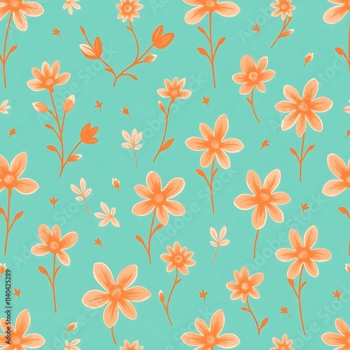 Wallpaper Mural Seafoam & Peach Floral Pattern: A delicate and charming seamless pattern with peach flowers and white accents on a calming seafoam green background. perfect for textile, wallpaper. Torontodigital.ca