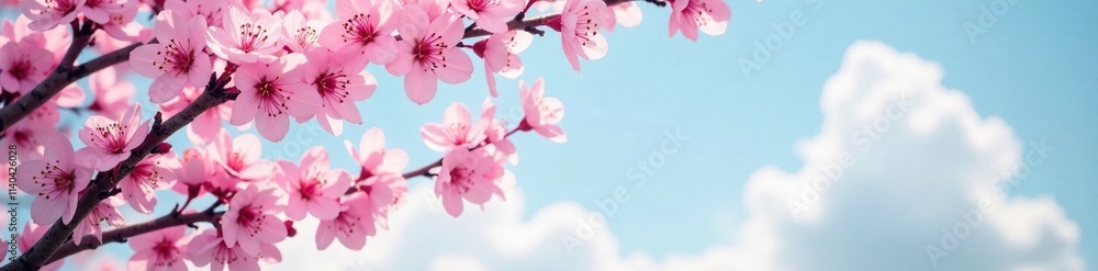 Delicate pink blossom tree branches stretching towards sky, blossoming, garden Delicate pink blossom tree branches stretching towards sky, blossoming, garden