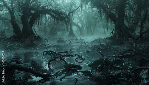 Eerie swamp with twisted tree roots and dark, murky waters, enveloped in a thick fog.