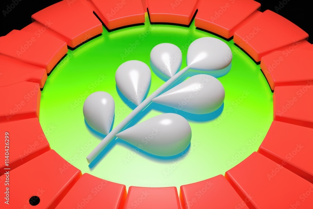 Obraz premium 3D rendering of a stylized white plant branch on a vibrant green and red background.