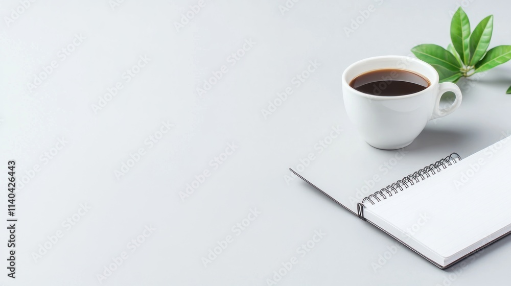 Coffee cup, notepad, and plant on a minimalist surface. Coffee cup, notepad, and plant on a minimalist surface.