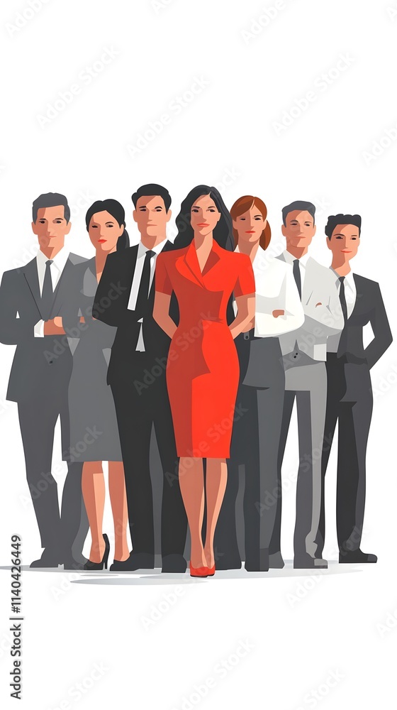 A group of business people standing, with one woman in a red dress as the leader A group of business people standing, with one woman in a red dress as the leader