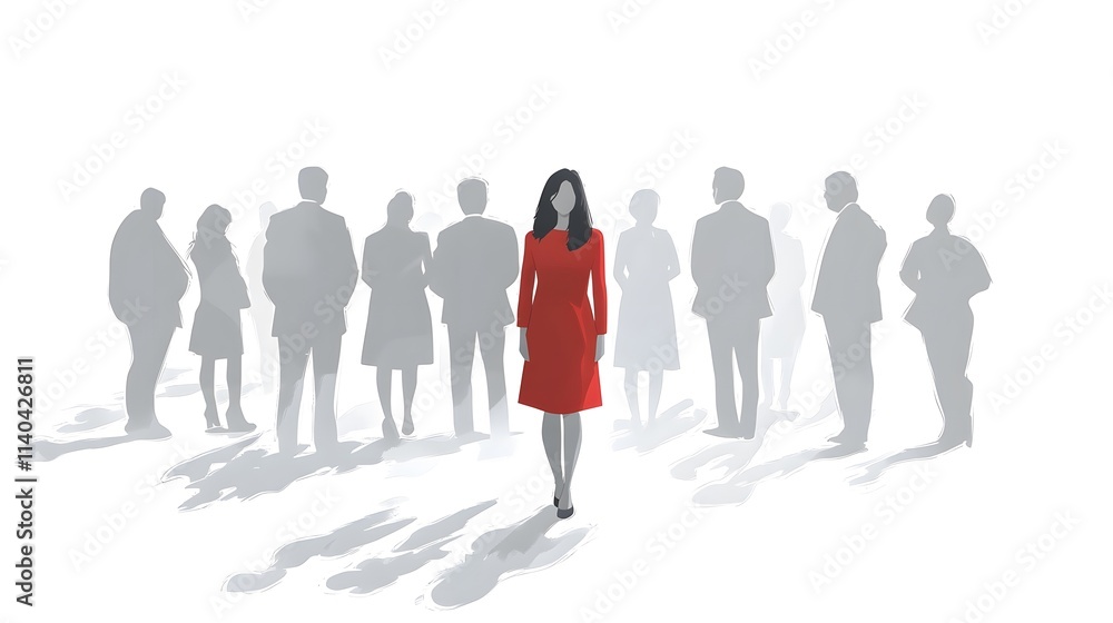 A group of business people standing, with one woman in a red dress as the leader A group of business people standing, with one woman in a red dress as the leader