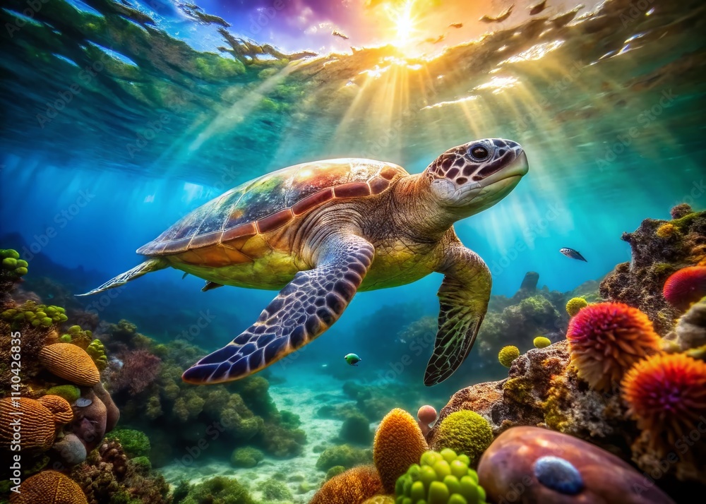 Obraz premium Green Sea Turtle Reef Ocean Underwater Photography, Swimming Turtle, Rocky Reef, Coral Reef, Marine Life, Ocean Wildlife, Sea Turtle Habitat, Underwater Scene, Tropical Ocean