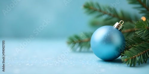 Christmas Blue Ornaments, blue Baubles wiht copy space for text,  Blue Christmas balls with decoration on white background with pine branches
 photo