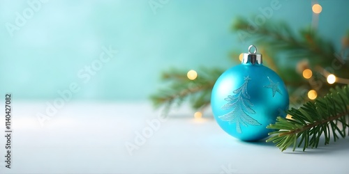 Christmas Blue Ornaments, blue Baubles wiht copy space for text,  Blue Christmas balls with decoration on white background with pine branches
 photo